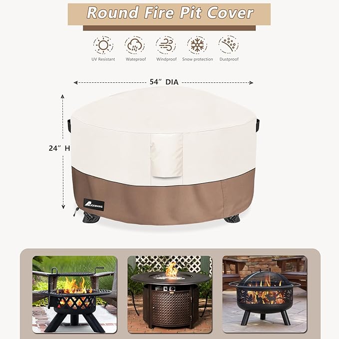 Fire Pit Cover Round 54 Inch Waterproof,Outdoor Heavy Duty Durable 600D Tear-Resistant Fire Pit Table Cover,Patio Round Firepit Cover 54" D x 24" H, Beige