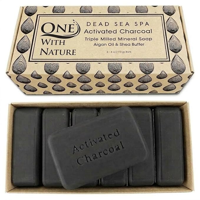 One With Nature Activated Charcoal Soap 4oz 6-Pack Gift Box – Detoxifying and Exfoliating Charcoal Soap Bar with Dead Sea Salt for Face & Body, for Men & Women