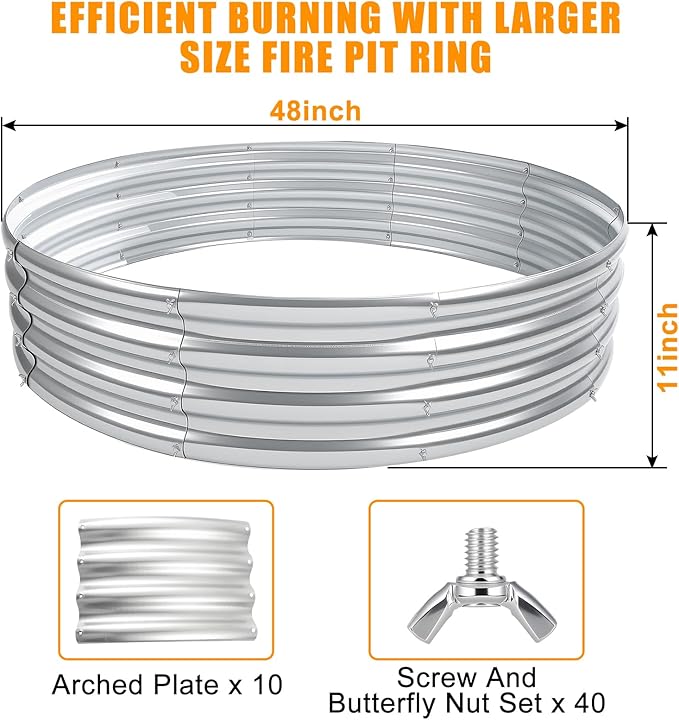 Heavy Duty 48 Inch Fire Pit Ring - 0.8mm Thick Galvanized Steel, Rust Resistant, Tool-Free Assembly, Large Outdoor Fire Pit for Camping, Backyard, Patio, Garden, Also Use as Planter