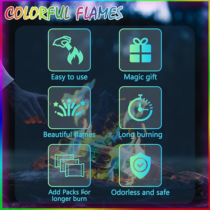 Navona 12Pack Fire Color Changing Packets，Magic Color Fire Packets for Outdoor Campfires, Fire Pits, Fireplaces, Long-Lasting Colorful Flames, Safe Camping Essentials