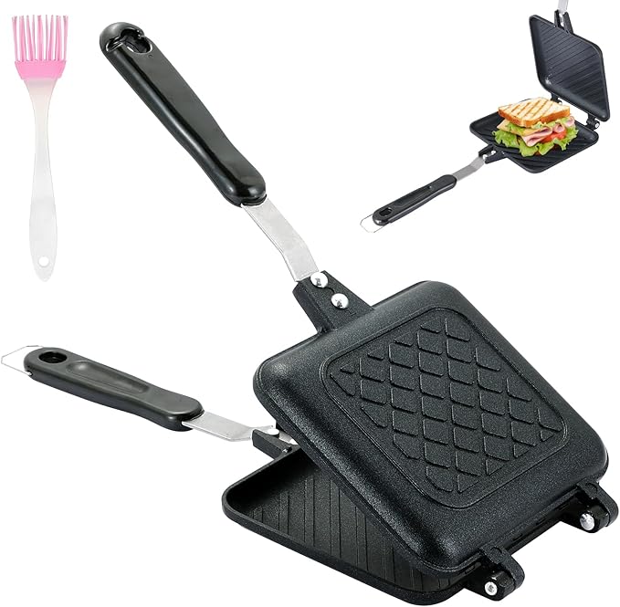 NATGAI Sandwich Maker Pan, Grilled Panini Press with Non-Stick Double Sided Flip Frying Pan, Stovetop Toasted Cheese Sandwich Maker for Home Kitchen Breakfast Camping, 5.9" L x 14" H