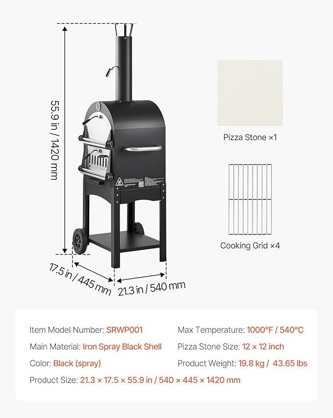VEVOR Portable Outdoor Oven, 12-inch Stand Pizza Oven with Casters, Pellet & Chips & Charcoal & Firewood Four Fuel, Baked Paint Pizza Grill, Includes Pizza Stone, Pizza Shovel, for Camping & Backyard