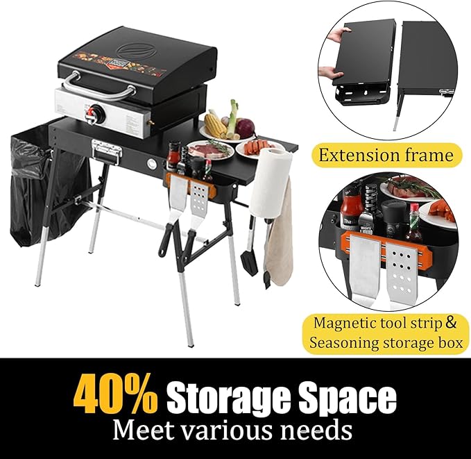 Portable Griddle Stand Compatible with Blackstone 17" or 22" Griddles - Folding Grill Table with Magnetic Tool Rack, Paper Towel Holder, Bottle Opener & Hooks for Outdoor Camping