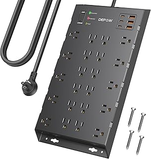 DEPOW Surge Protector Power Strip, ETL Listed, 6.5FT Extension Cord with 22 AC Outlets (1875W/15A), 6USBs (3 USB-C Ports), 2100J Surge Protection, Wall Mountable for Gaming, Office, Black