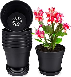 homenote Pots for Plants, 8 Pcs 7.5 Inch Plastic Planters with Multiple Drainage Holes and Tray - Plant Pots for All Home Garden Flowers Succulents, Matte Black