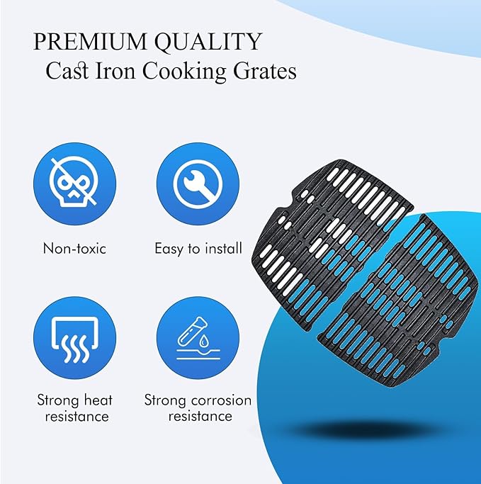 Shengyongh CC7644 (2-Pack) 17 x 12.7 inches Cast Iron Cooking Grid Grates for Weber 7644 Q100 Series, Q140, Q1000 Series Q1200 50060301 386000 50060001 51010001 51060001