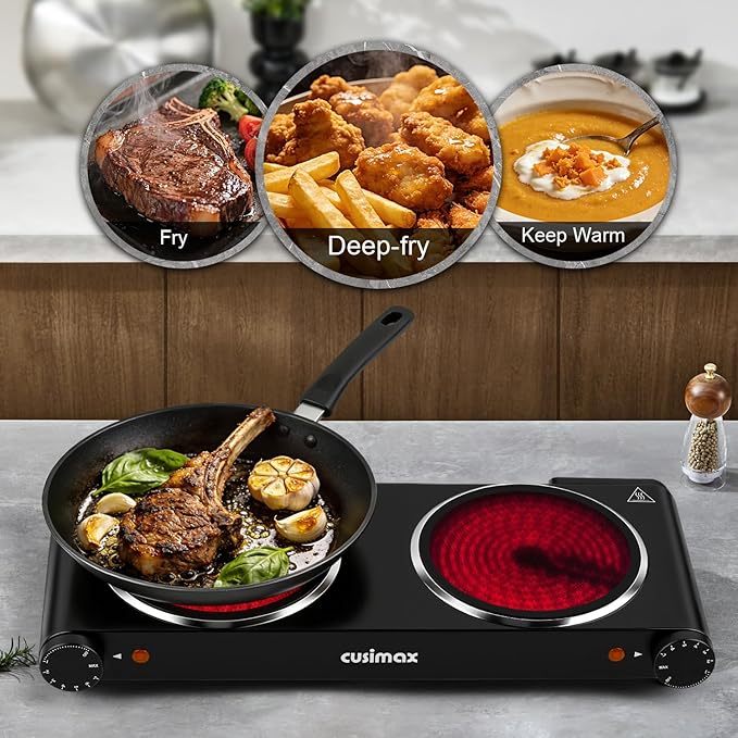 CUSIMAX Double Burner, 1800W Electric Burner Ceramic Hot Plate for Cooking, Dual Control Infrared Burner, Glass Plate Electric Cooktop, Stainless Steel-Upgraded Version