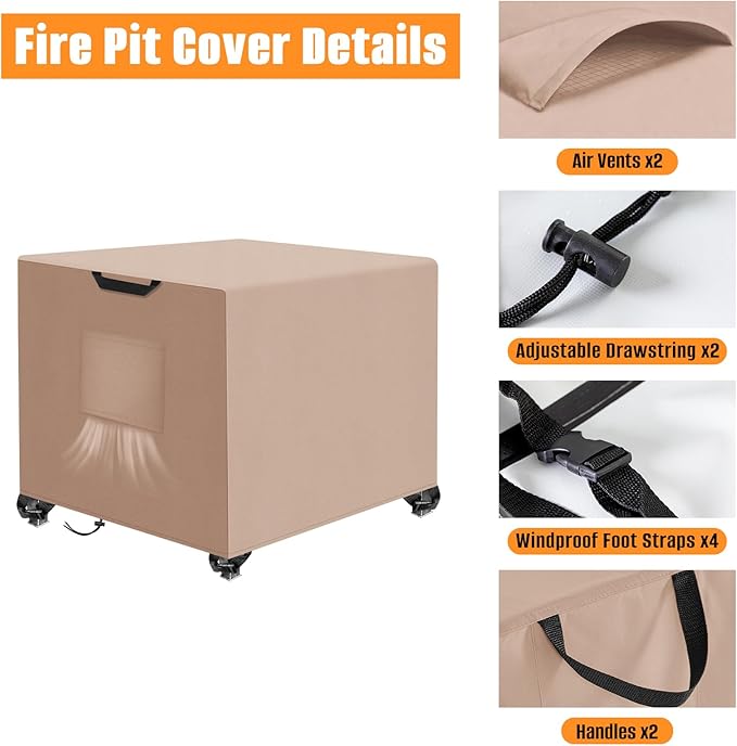 Kovshuiwe Porch Shield Fire Pit Cover Square-600D Fabric Waterproof and Resistant, Fits Outdoor For 28-32 Inch Fire Pit /Table Cover, Gas Fire Pit Cover-32"L x 32"W x 24"H, Khaki