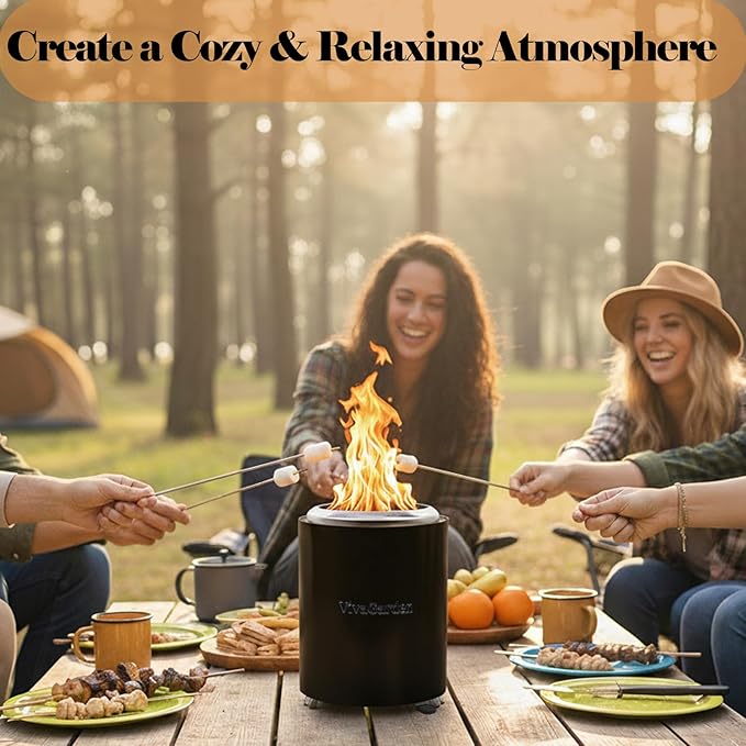 Portable Tabletop Fire Pit, VivaGarden Smokeless Table Top Fire Pit, Wood Burning & Pellets Outdoor Camping Stove with Carry Bag, Forks and Mat (9.7x7.1 Inch, Black)