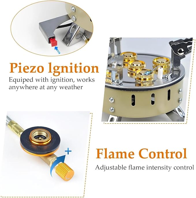9500W Portable Windproof Camping Stove, Backpacking Camp Stove with Two Fuel Canister Adapter, Camping Gas Stoves with Piezo Ignition, Collapsible Stoves Burner for Outdoor Cooking Hiking and Picnic