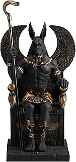 Veronese Design 10 5/8 Inch Egyptian God Anubis Sitting On Throne Resin Black Gold Painted Finish Sculpture