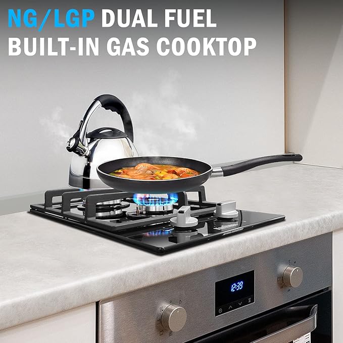 Karinear Gas Cooktop 2 Burner Propane Cooktop, 12 Inch LPG/NG Dual Fuel Gas Stove Top, Built-in Tempered Glass Gas Cooktop for Apartment, Indoor, RV