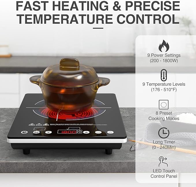 VBGK Electric Cooktop,110V Electric Stove Top,Single Burner LED Touch Control,9 Power Levels, Kids Lock &Timer,Overheat Protection,1800W Portable Induction Cooktop.