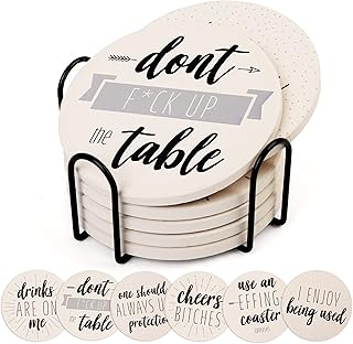 LotFancy 6PCS Ceramic Coasters with Cork Base, Round Coasters with 6 Humorous Sayings, Non-Slip, Bar Room Decor, Housewarming Gift