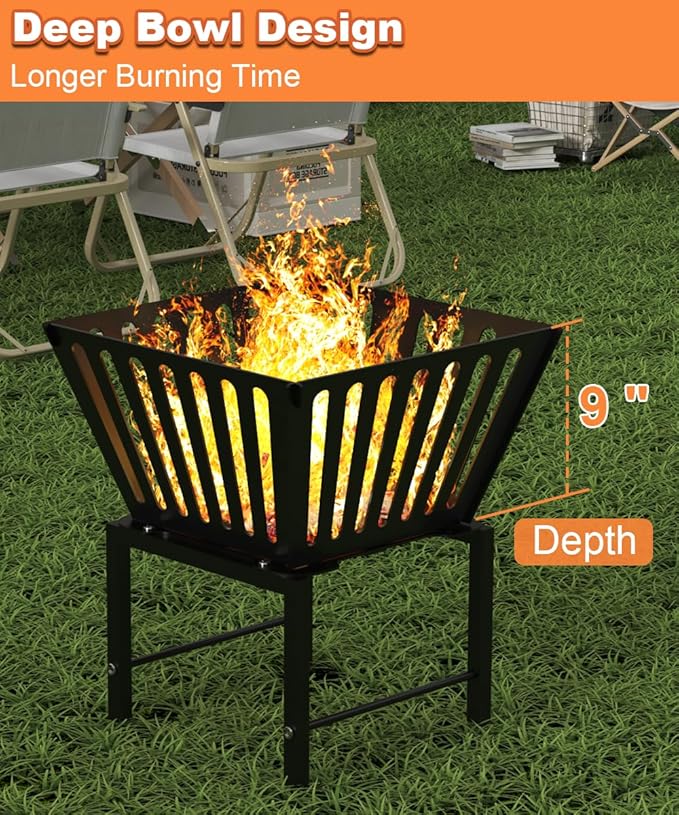 Mondazie Outdoor Fire Pit — 17 Inch Portable with Storage Bag for Camping, Patio Heating, Picnic and BBQ, Trapezoid Vertical Hollow, Black
