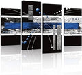 Modern Abstract Canvas Wall Art: Black and Blue Wall Decor - Grey White Decoration for Home Office, 4 Panels Poster Decorative Framed Print for Living Room Bedroom Ready to Hang