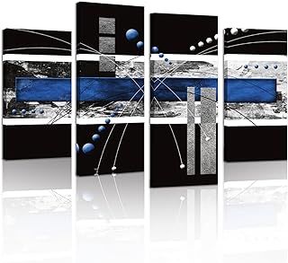 Modern Abstract Canvas Wall Art: Black and Blue Wall Decor - Grey White Decoration for Home Office, 4 Panels Poster Decorative Framed Print for Living Room Bedroom Ready to Hang
