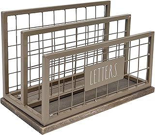 Desktop Mail Organizer - 2 Compartment Mail Holder & Stationary Table Top Desk Organizer - Chic and Stylish Galvanized Steel and Solid Wood - “Letters” Print - for Home and Office, Grey "Letter"