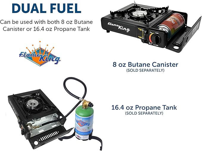 Flame King YSNVT-505-B Dual Fuel Butane & Propane Gas Camping Stove with Single Burner, Portable and Great for Outdoor Cooking, Backpacking, Hiking, & Emergency