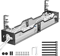 Under Desk Cable Management Tray Black, Litwaro Cable Management Under Desk No Drill, 25'' Cable Tray with Clamp for Wire Management, Cord Organizer for Office, Home - No Damage to Table