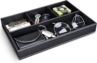 GORESE Faux Leather Valet Tray for Men, Stackable Jewelry Trays Drawer Organizer Tray Nightstand Organizer for Men, EDC Tray for Key, Wallet, Sunglass, Watch, Coin, Phone, Cologne - Black