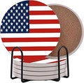 USA American Flag United States Round Coasters Set of 6 - Abosrbent Ceramic with Metal Stand for Drinks, Coffee, Non-Slip Cork Back for Tabletop Protection, 4 Inches (Old Glory)