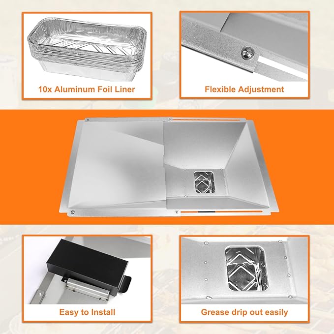 Utheer Universal Grease Tray with Catch Pan and Foil Liner for Nexgrill, Charbroil, Cuisinart, Dynaglo, Kenmore, BHG, Master, Expert Gas Grill, Drip Pan for 2/3/4 Burner Grill, 10Pcs Aluminum Liner