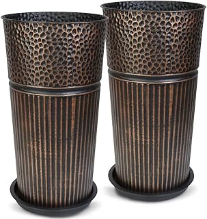 2 Pcs Pack 22 Inches Metal Tall Tapered Planter Pots Large Round Planter Flower Pot with Drainage Holes for Indoor Outdoor Deck Porch Garden Home Patio Front Door (Antique Copper, S)