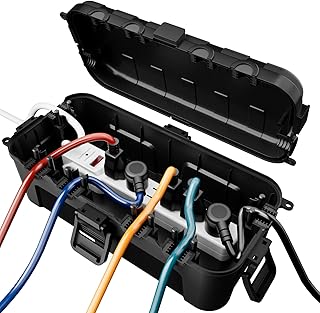 RESTMO Outdoor Electrical Box, IP54 Weatherproof Extension Cord Cover with 6 Cable Entry Ports, Waterproof Connection Box Protect Power Strip, Timer, Plug, Holiday Lights, (11.5x5.2x4 inch), Black