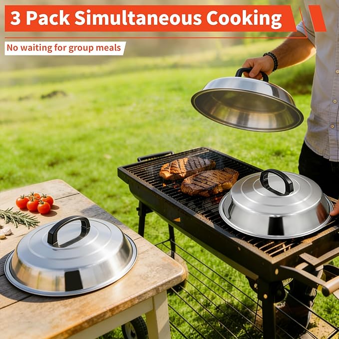 12 Inch Stainless Steel Cheese Melting Dome - 3 Pack BBQ Griddle Accessories, Basting Cover & Steaming Cover Wok Lids, Fits Blackstone Camp Chef Flat Top Griddle, Indoor Outdoor Use
