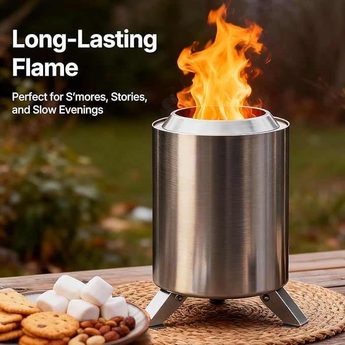 7 Inch Tabletop Fire Pit, Smokeless Mini Firepit with Stand, Portable Wood & Pellet Firepit for Camping, Indoor & Outdoor & Backyard, Forks, Spoon & Travel Bag Included, Stainless Steel