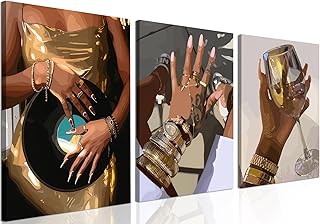 Black Girl Wall Art Set of 3, Gold African American Woman Wall Decor Painting Black People Canvas Poster Prints Pictures Aesthetics for Living Room Bedroom Dorm Framed 16x24 inch