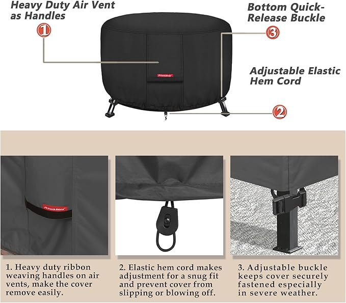 Porch Shield Fire Pit Cover - Waterproof 600D Heavy Duty Fade Resistant Round Patio Fire Bowl Cover Black - 50 inch