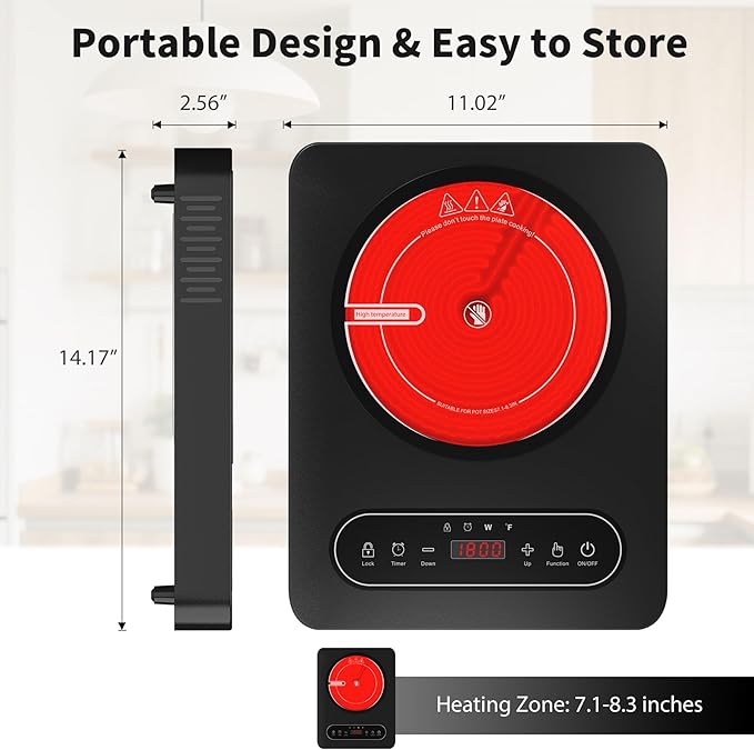 GIHETKUT Single Burner Electric Cooktop,110V 1800W Electric Stove Top with LED Touch Control,10 Power Levels, 4 hTimer, Safety Lock,single electric burner Overheat protection