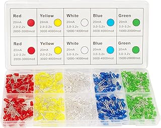 DiCUNO 450pcs 5mm LED Diode, LED Light Kit Box 5 Colors, Mini LED Assorted Kit 5mm Round Top, Light Emitting Diodes for DIY Project, White/Red/Yellow/Green/Blue