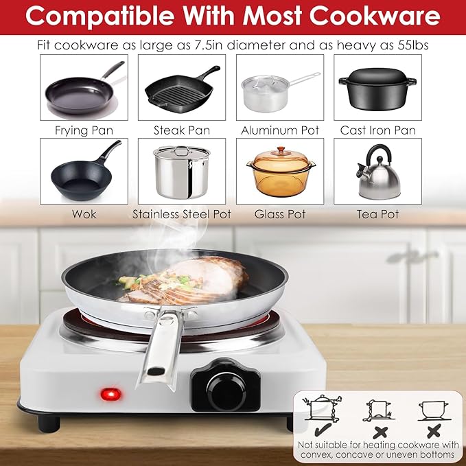 Electric Infrared Dual Burner, Portable Heating Hot Plate Stove Countertop RV Hotplate Glass Cooktop for Home RV Camp, Stepless Temperature Adjustments (Single)
