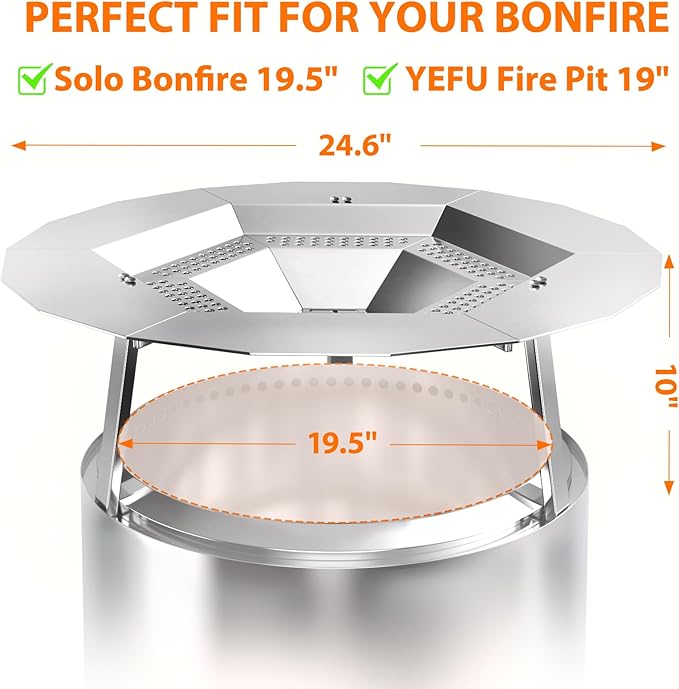 Heat Deflector for Solo Stove Bonfire 19.5", 304 Stainless Steel Portable Heat Diffuser with Handle&Leg Accessory for Bonfire Fire Pit Captures/Redirects Warmth for Solo Stove Accessories