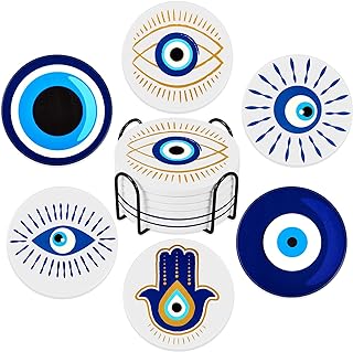 Zubebe Set of 6 Ceramic Evil Eye Coasters with Holder Evil Eye Blue Coasters for Drinks Round Absorbent Cup Mat with Cork Base for Home Table Decor Desk Kitchen Accessories, 4 Inch