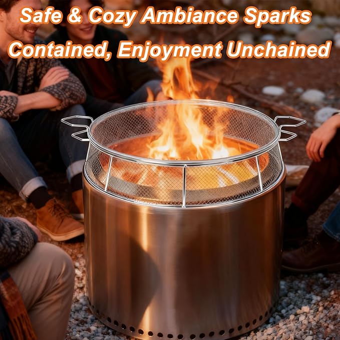 Fire Pit Spark Shield Cover & Cooking Grate for Solo Stove Yukon 27 Inch, 304 Stainless Steel Fire Pit Accessories with Stand & 2 Guide Sticks, All-in-One Lid, Spark Screen and Grill Grate