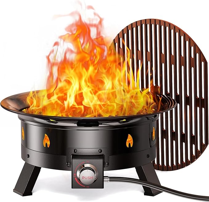 Ciays 21 Inch Propane Fire Pit with Grill Grate, Folding Legs, 58,000 BTU, Black, Metal, Round, Compatible with Propane