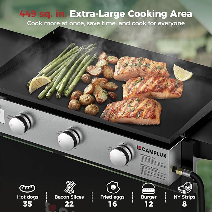 CAMPLUX Propane Griddle Flat Top, 3-Burner Gas Griddle with 3mm Thick Non-Deformable Plate & Ceramic Non-Stick Coating, 33,000 BTU Outdoor Cooking Station with Wheels and Side Shelves for Camping