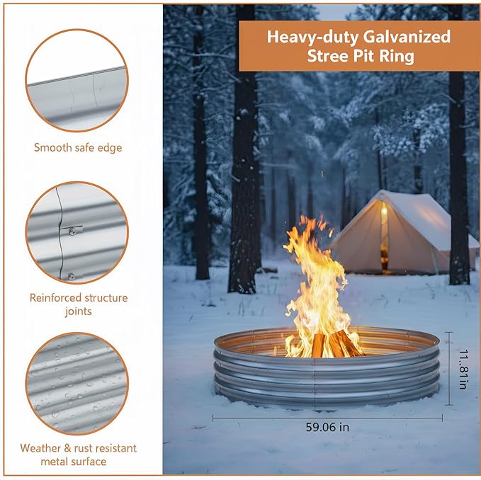 60 Inch Galvanized Steel Fire Pit Ring, 12 Inch Raised Heavy Duty Wood Burning Campfire Ring, Heat Resistant Outdoor Fireplace for Backyard, Patio & Camping