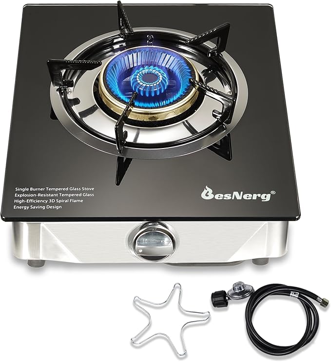 Propane Stove 1 Burner Gas Stove, 14500 BTU High-Efficiency Auto Ignition Tempered Glass LPG Cooktop with CSA Regulator and Hose – for Outdoor Camping, RV, and Emergency Cooking