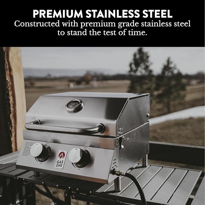 GasOne Portable Propane Grill – 16-inch Stainless Steel Tabletop Grill – Tabletop Gas Grill with Heat Control and Built-In Thermometer – Large Cooking Area – Ideal for Outdoor, Camping, Travel, RV