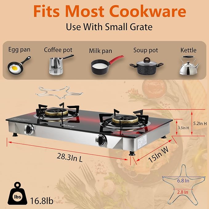 Propane Stove 2 Burner Gas Stove, 28800 BTU High-Efficiency Auto Ignition Tempered Glass LPG Cooktop with CSA Regulator and Hose – for Outdoor Camping, RV, and Emergency Cooking