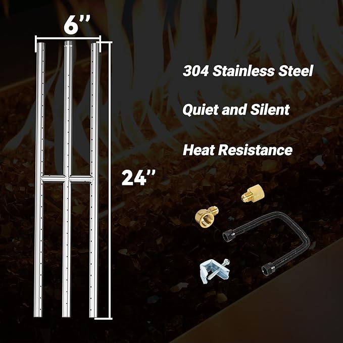 Skyflame 24" x 6" Rectangular Gas Fire Pit and Fireplace H-Burner with 3 Pipes - 304 Stainless Steel - for Indoor & Outdoor Use