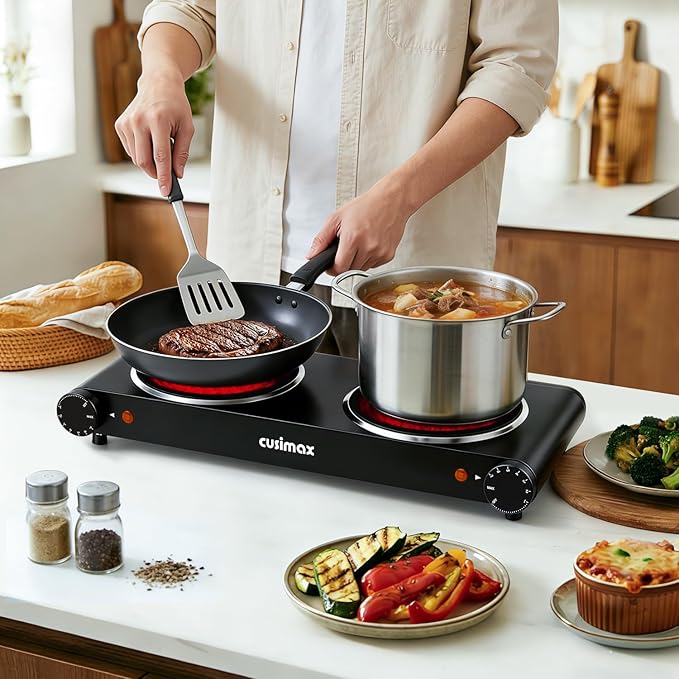CUSIMAX Double Burner, 1800W Electric Burner Ceramic Hot Plate for Cooking, Dual Control Infrared Burner, Glass Plate Electric Cooktop, Stainless Steel-Upgraded Version