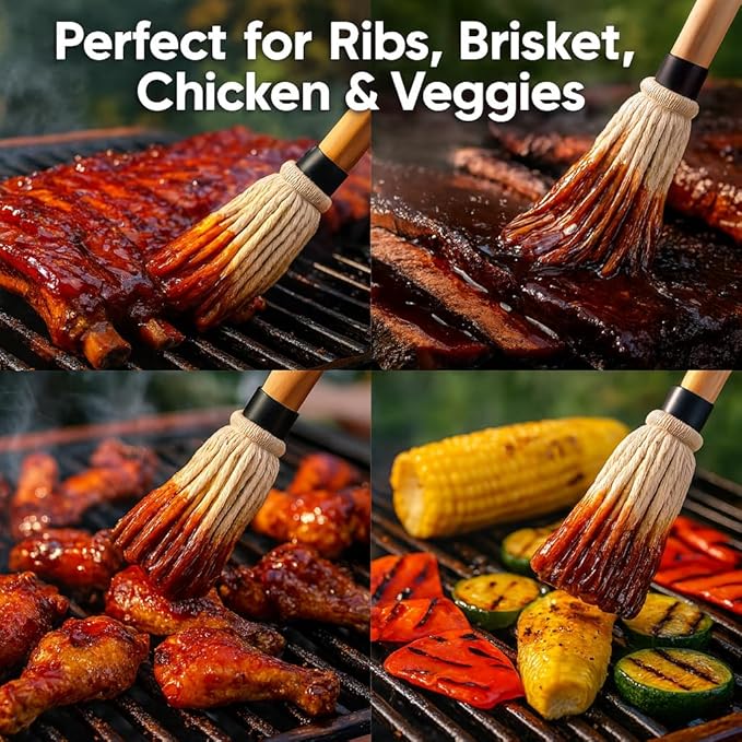 BBQ Mop Brush with 4 Replaceable Cotton Heads – 18" Extra-Long Wooden Handle Grill Basting Mop for Barbecue Sauces, Marinades & Butter – Professional Pitmaster Basting Brush
