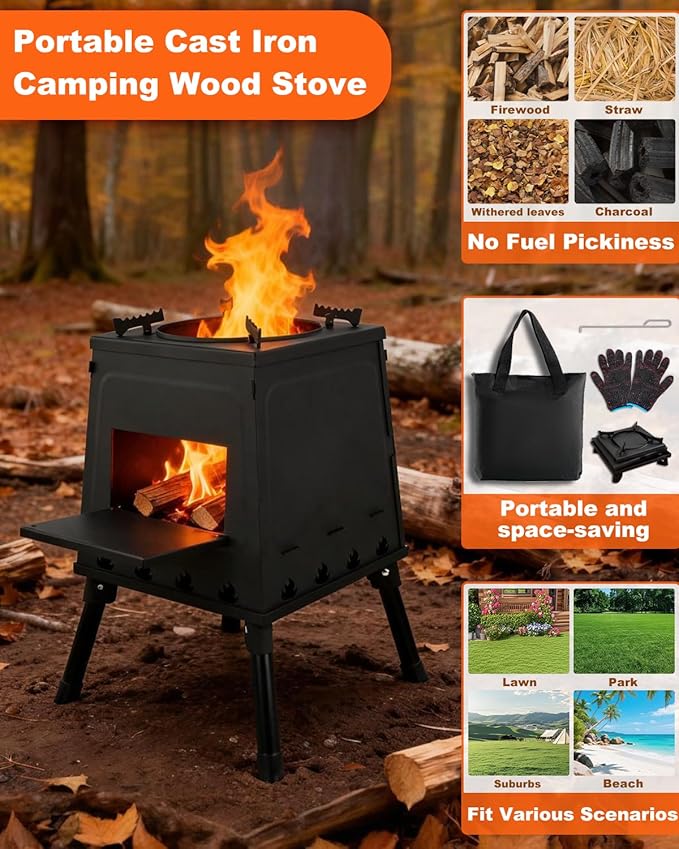Portable Wood Burning Stove - Lightweight Cast Iron Camp Stove for Backpacking，Portable and Easy-To-Assemble Backpacking Camping Stove Kit (Black, Large)