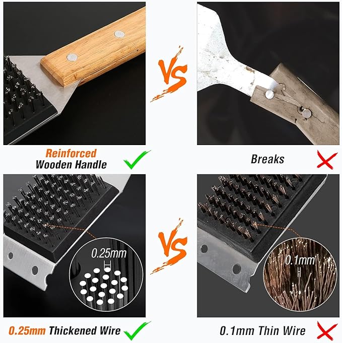 SIMPLETASTE Grill Brush and Scraper for BBQ, Durable & Effective, Replaceable Stainless Steel Head, Wooden Handle Wire Grill Brush for Outdoor Grill, Barbecue Accessories
